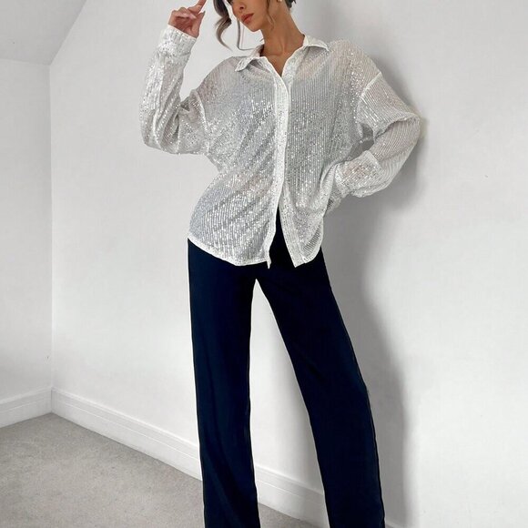 Silver Party Women's Oversized Sequin Blouse - Picture 5 of 5